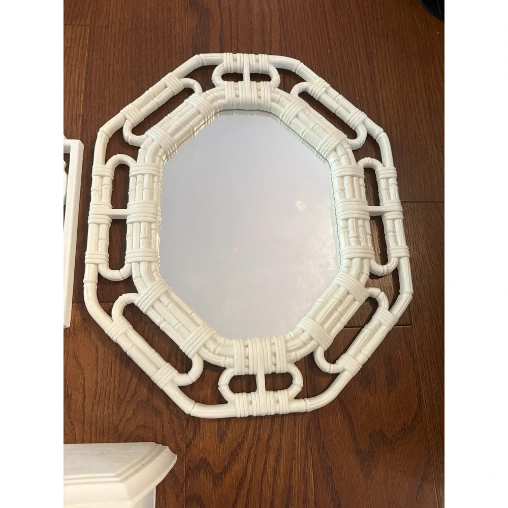 Homco Bathroom Wall Decor Set Faux Wicker Mirror Shelf Candle Towel Holder